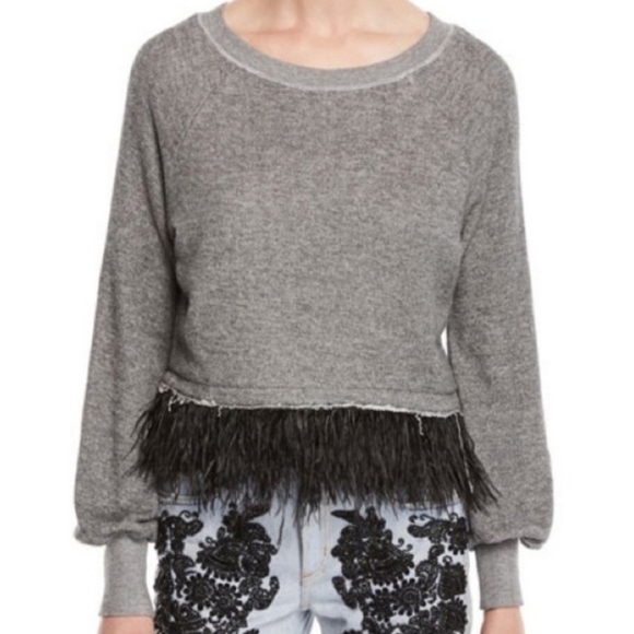 Le Superb Gray Sweatshirt Crewneck Feather Trim Long Sleeves‎ Women Sz Small - Picture 1 of 12